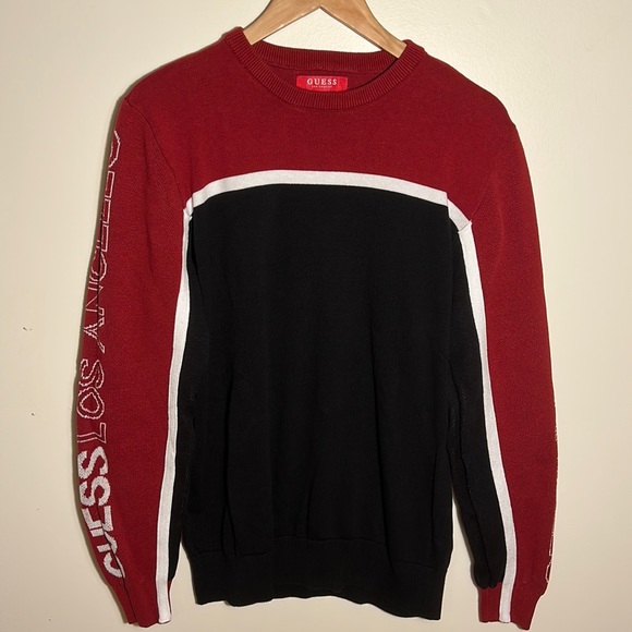 Guess Los Angeles Embroidered Sleeves Mens Sweater Red And Black US Size L - Picture 1 of 8